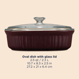  French Colors 2.5-quart Oval Baking Dish, Cabernet with text dimensions 10.7"x8.3"x2.5"