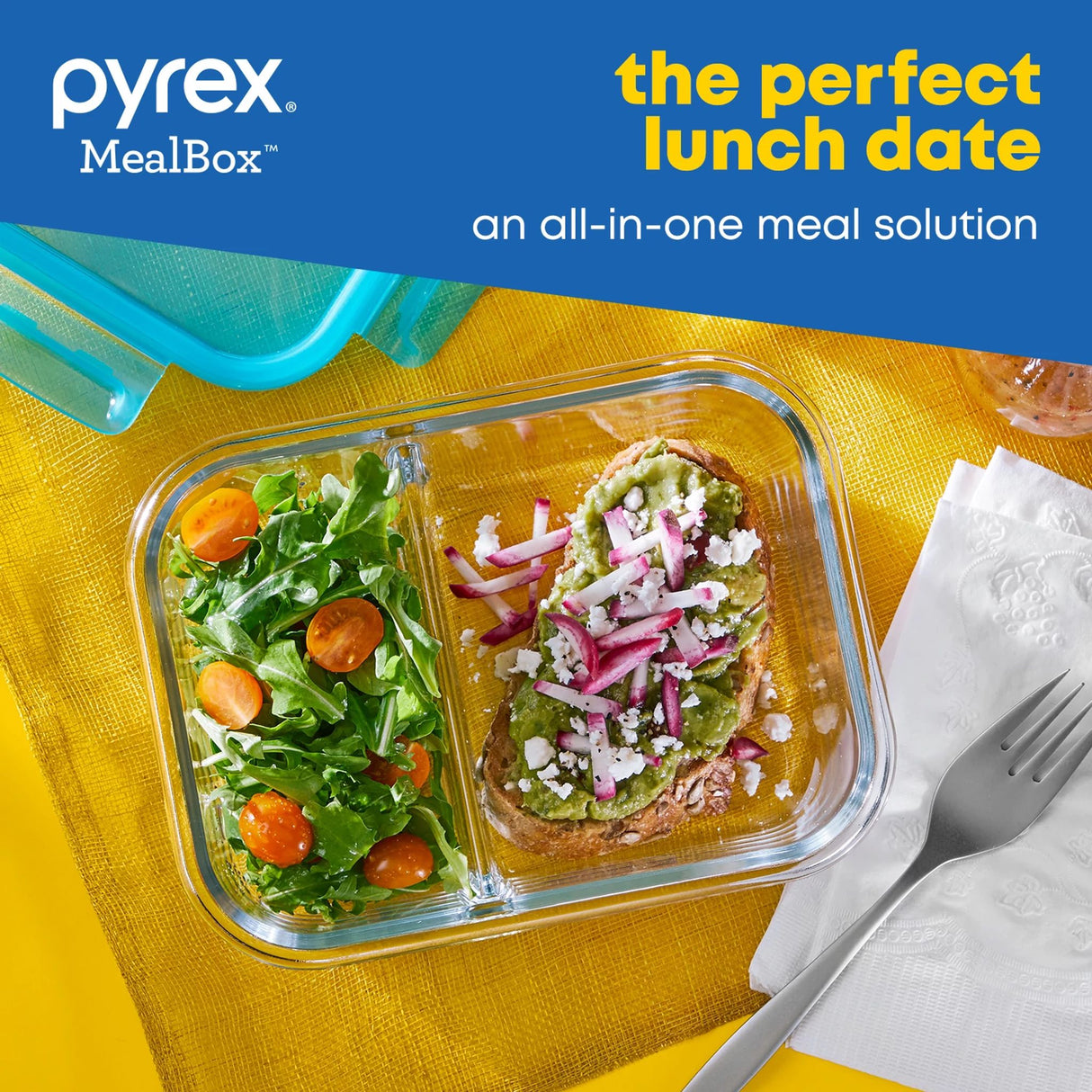  MealBox™ 2.3-cup Divided Glass Food Storage Container Lid with text the perfect lunch date all-in-one meal solution