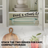  text that says bake &amp; store it stack the two dishes for easy compactd storage