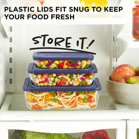  Simply Store® 6-pc Rectangular Storage Set in fridge with text plastic lids fit snug to keep food fresh