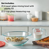  photo of  prep set on the table with text one of each included 4-qt glass mixing bowl with lid &amp; 2-cup glass measuring cup