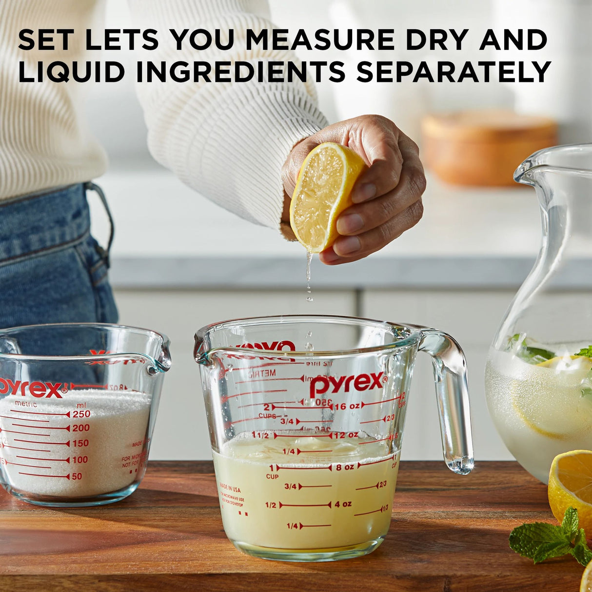  Smart Essentials Glass Measuring Cup Set with text set let you measure dry &amp; liquid ingredients separately