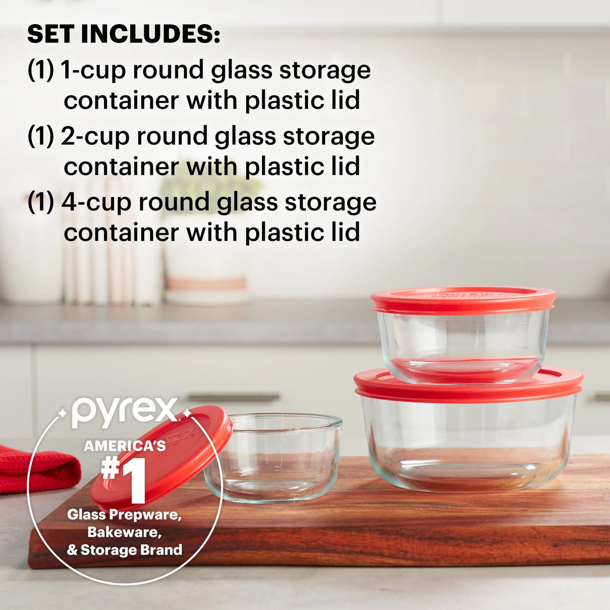  Simply Store® 6-piece Round Glass Storage Set with text set include 1 1-cup round/1 2 cup round/1 4 cup round with lids and #1  