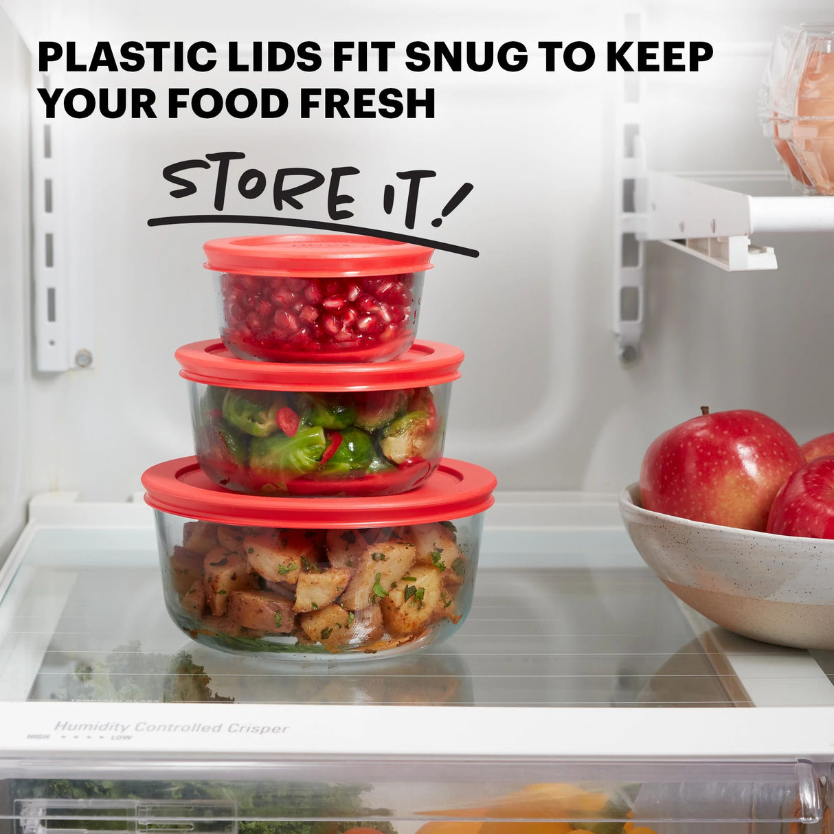  Simply Store® 6-piece Round Glass Storage Set with text Plastic lids fit snug to keep your food fresh, store it. 