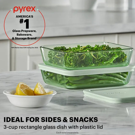  Simply Store® Tinted 3-cup Rectangle Storage with Green Plastic Lid with text Ideal for Sides and Snacks