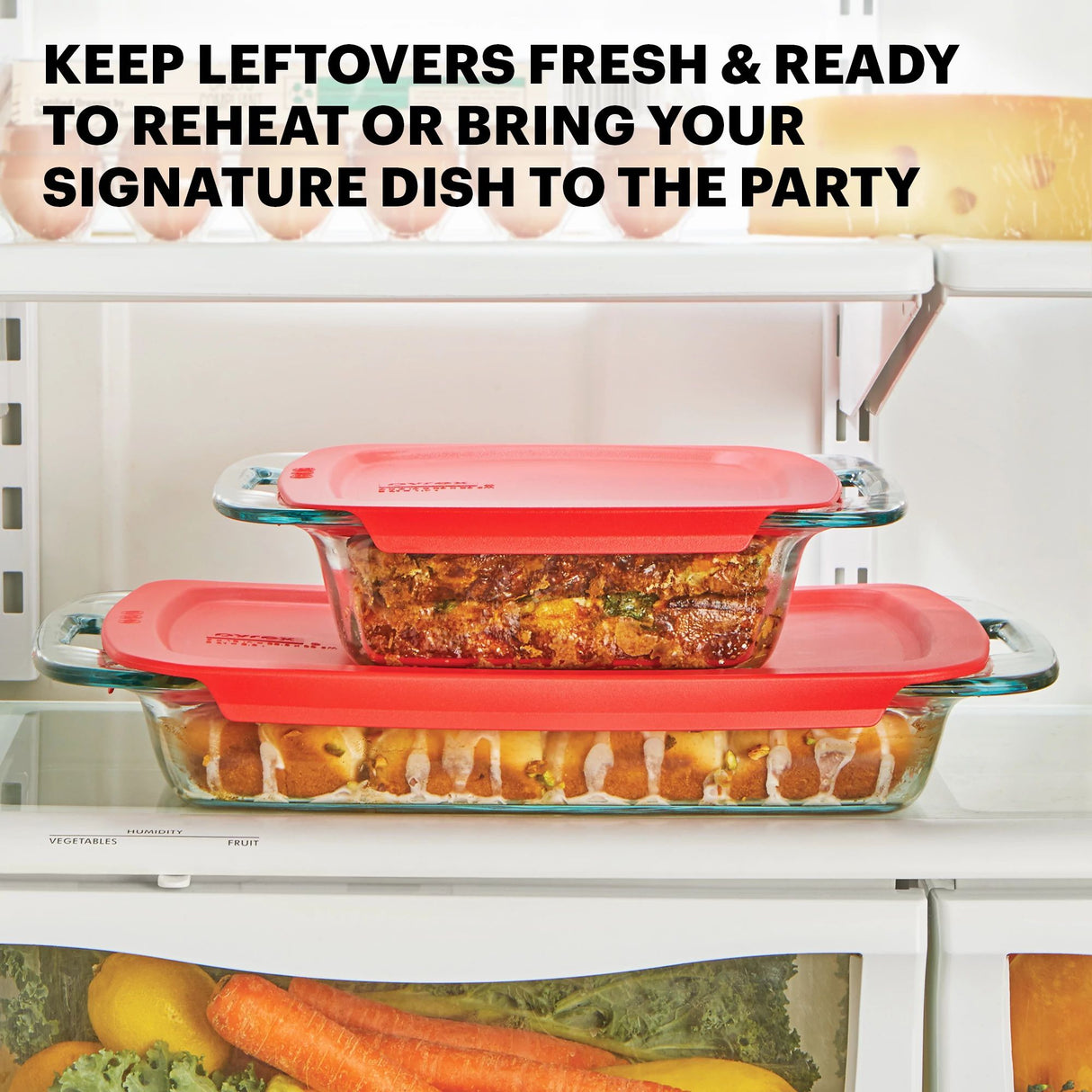  Easy Grab 4-piece Rectangular Baking Dish Set with text keep leftovers fresh &amp; ready to reheat or bring dish to the party