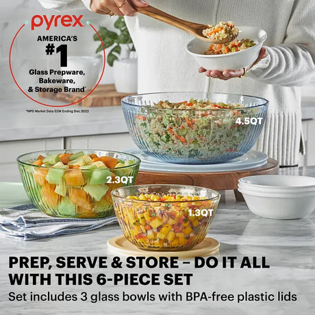  Pyrex Colors Mixing Bowls with text Pyrex Americas #1 Glass Prep & bakeware & storage brand