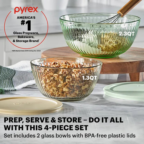 Pyrex Colors Yellow & Green Mixing Bowls with text Pyrex Americas #1 glass prep & bakeware & storage brand