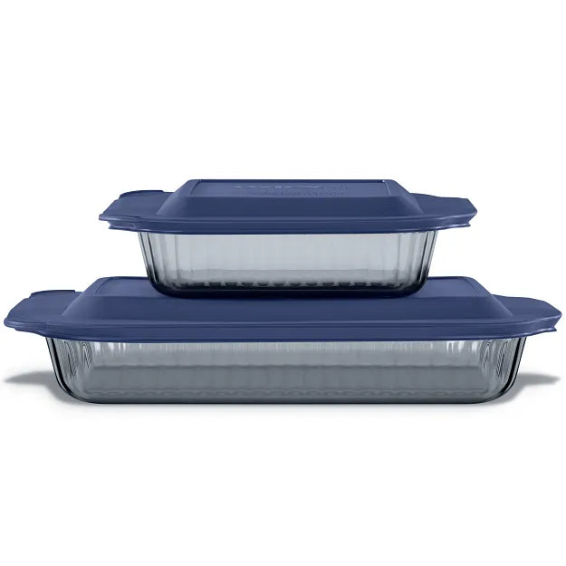 Pyrex Colors Sculpted Tinted 4 piece Baking Set with Plastic Lids Sm