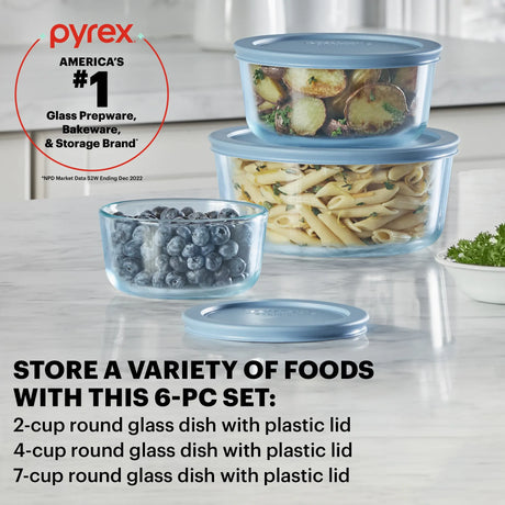  Store a variety of foods with this 6-piece set Tinted Round Storage Set with Blue Plastic Lids