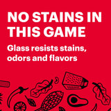  Pyrex with text No Stains in this game, glass resists stains, odors and flavors