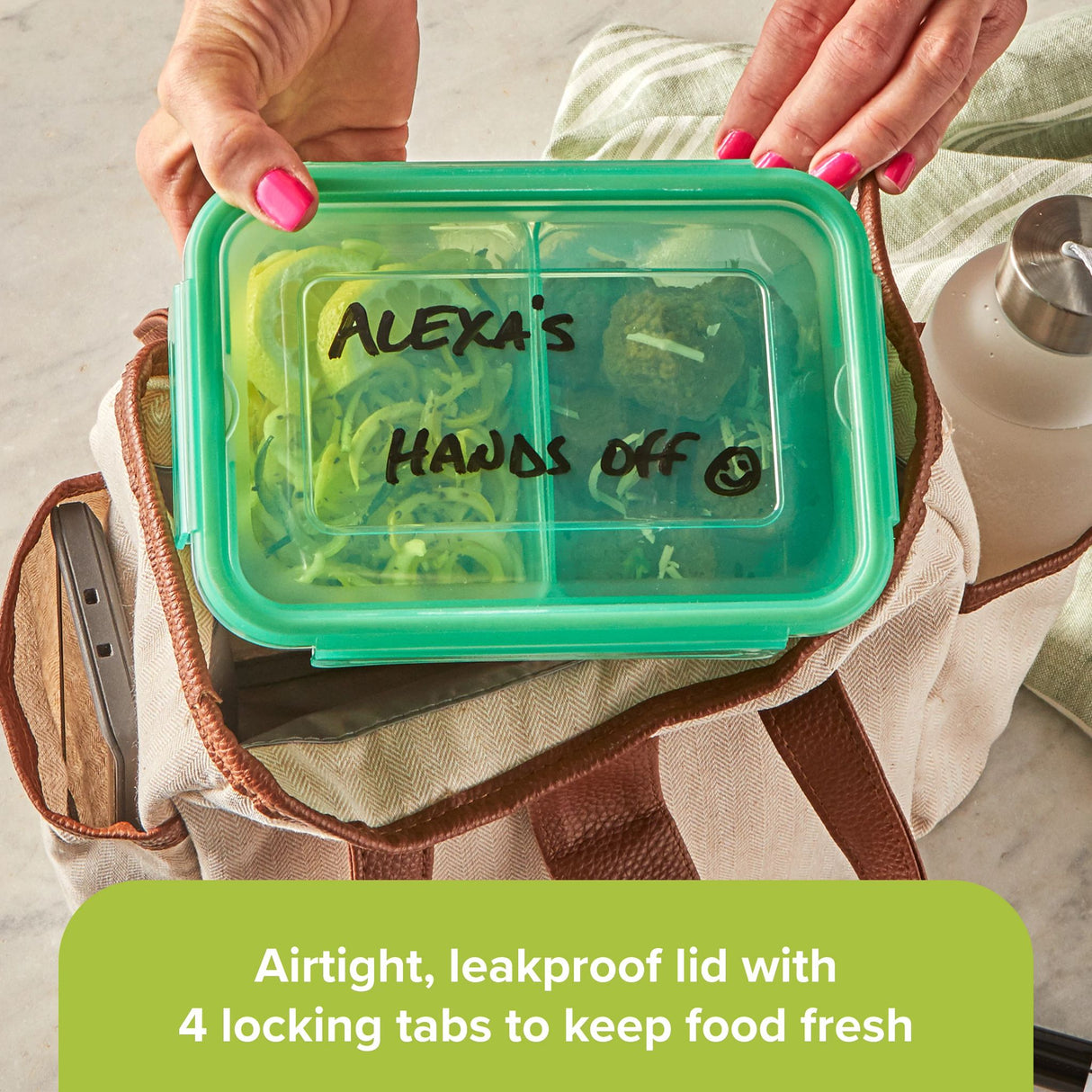  Meal Prep 2-section Divided: 4.6-cup Rectangle Storage Container with green lid being used in a to-go tote