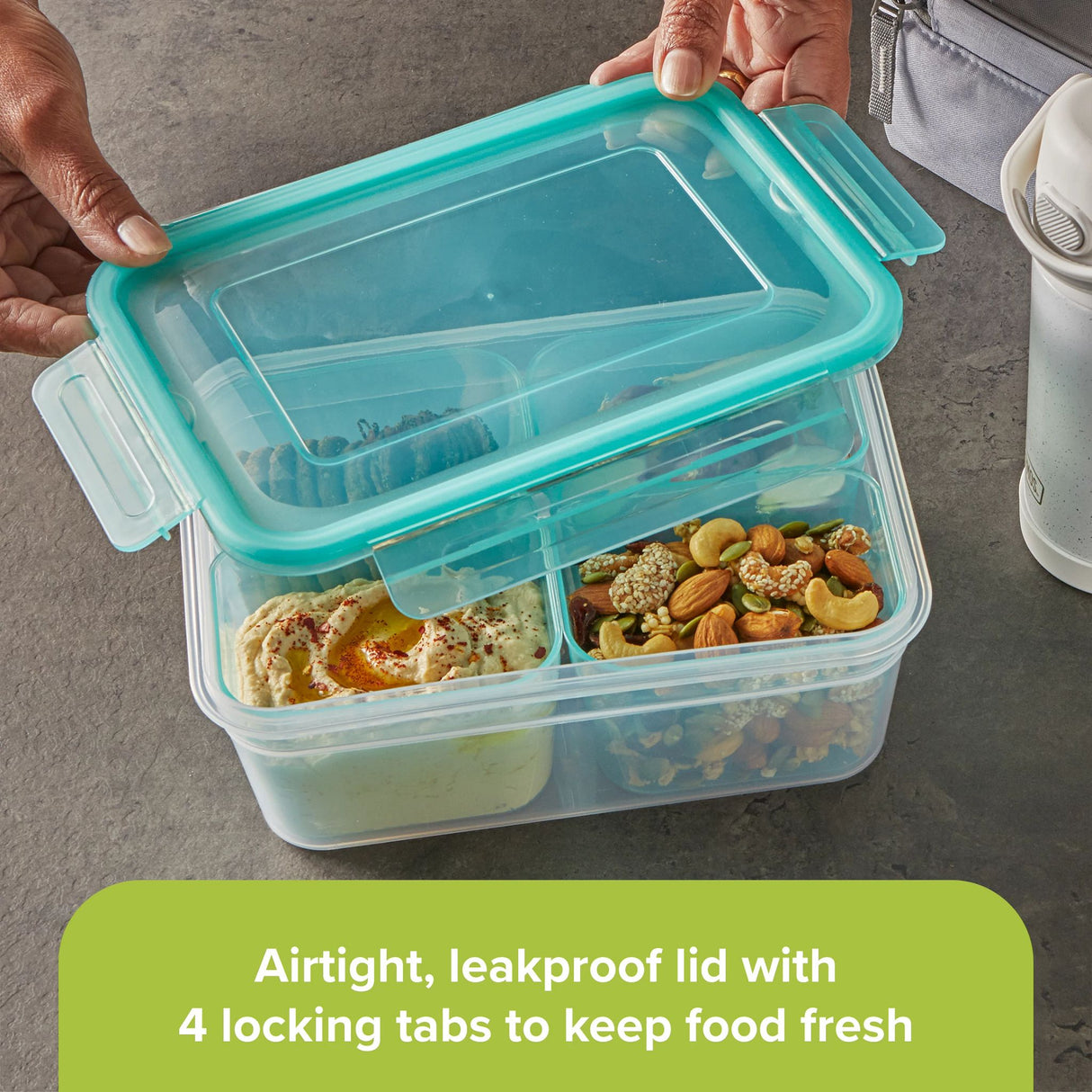  8.5-cup Meal Prep Divided Rectangle 4-section Storage Container with snacks inside