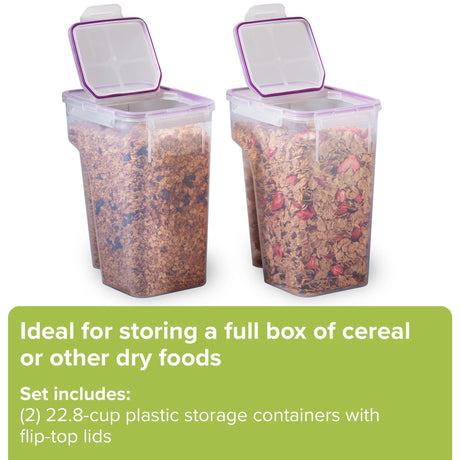  Airtight 22.8-cup Plastic Food Storage Container, 2-pack with text ideal for storing a full box of cereal or other dry foods 