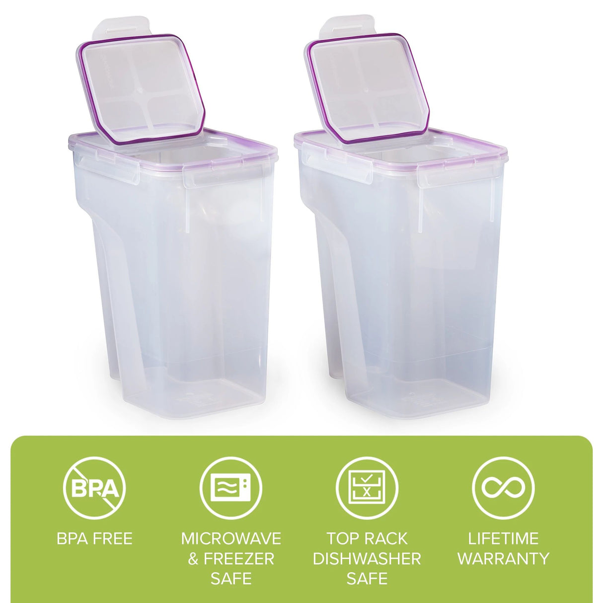  Airtight 22.8-cup Plastic Storage Container, 2-pack with text BPA Free microwave/freezer safe dishwasher safe lifetime warranty 