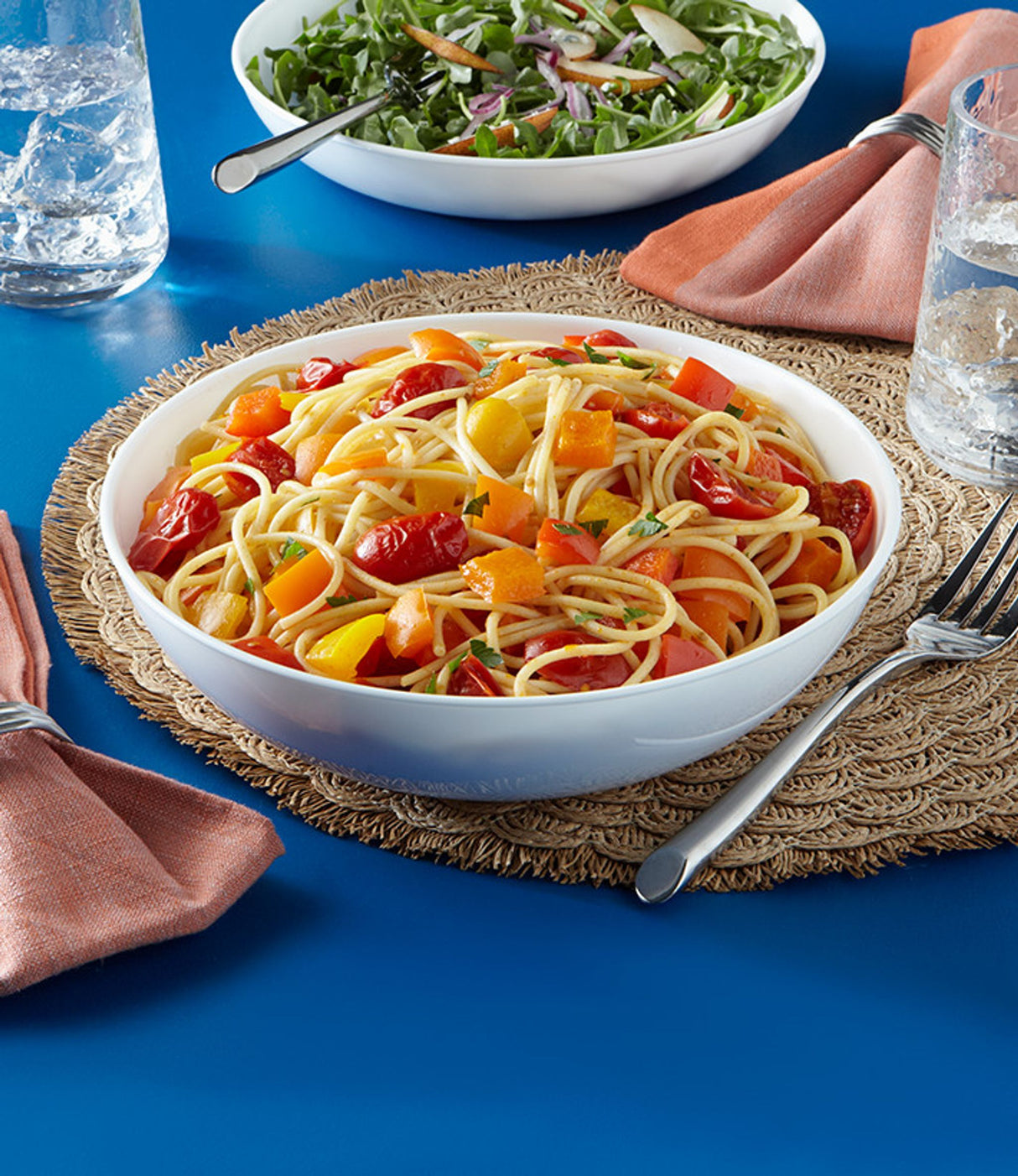 Meal bowl on table with pasta with tomatoes 